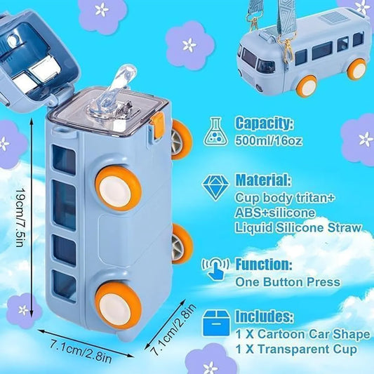 Bus Water Bottle For Kids With Strap, Sipper, & Straw