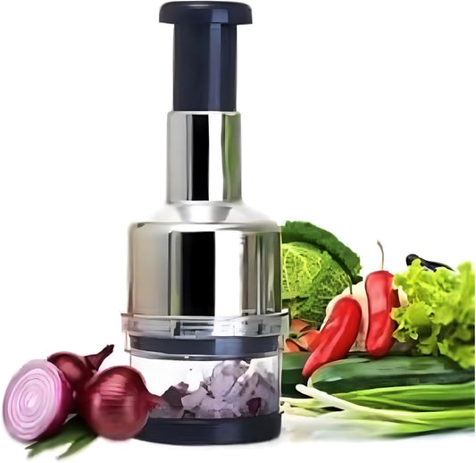 Manual Hand Press Food Chopper with Stainless Steel Blades Large Vegetable & Fruit Cutter for Onion, Salad, Garlic, Tomato Easy to Clean, Dishwasher Safe, Effortless Chopping