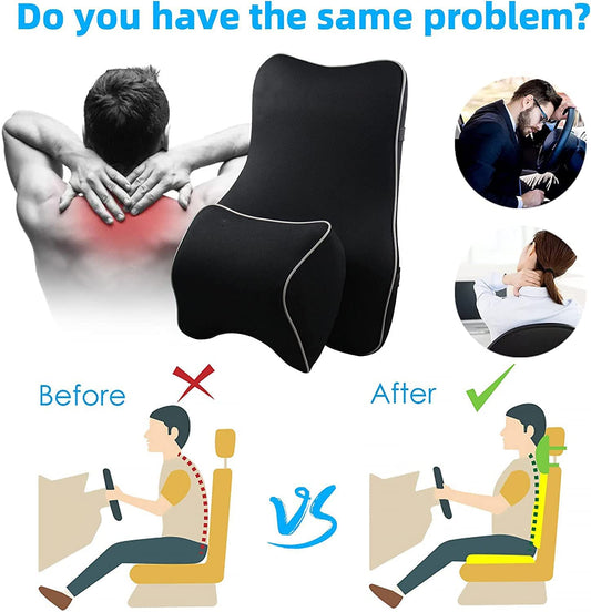 Neck Pillow Lumbar Cushion Set Car Pillow Cushion Travel Back Rest Support Memory Foam for Back Pain Neck Pain Fit for Car, SUV, Truck, Office Chair, Wheelchair